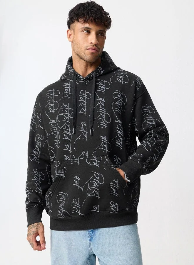 The Souled Store Men Oversized Fit Printed Black Hoodie