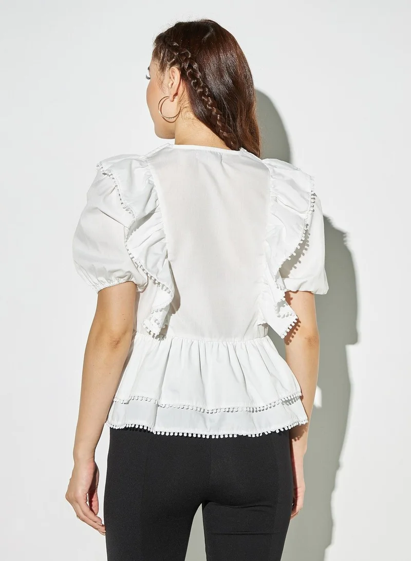 2Xtremz 2Xtremz Ruffled V-neck Peplum Top with Lace Detail