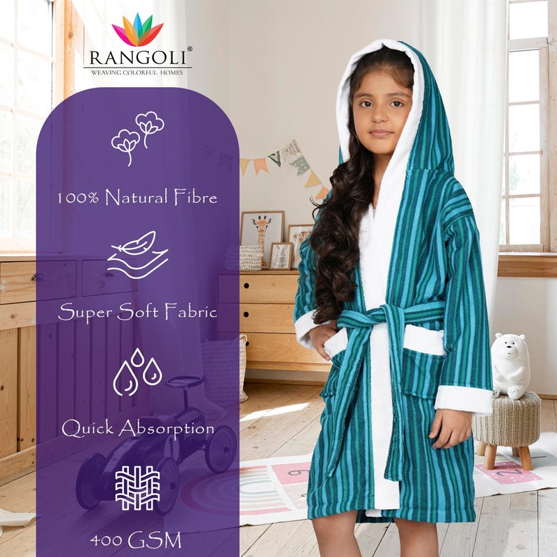 Rangoli Tonal 100% Cotton Hooded Bathrobe for Kids - Green, 9-10 Years - Image 2