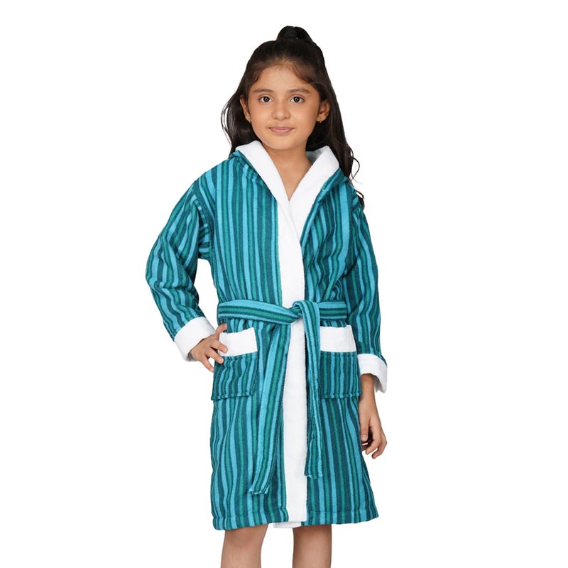 Rangoli Tonal 100% Cotton Hooded Bathrobe for Kids - Green, 9-10 Years - Image 1