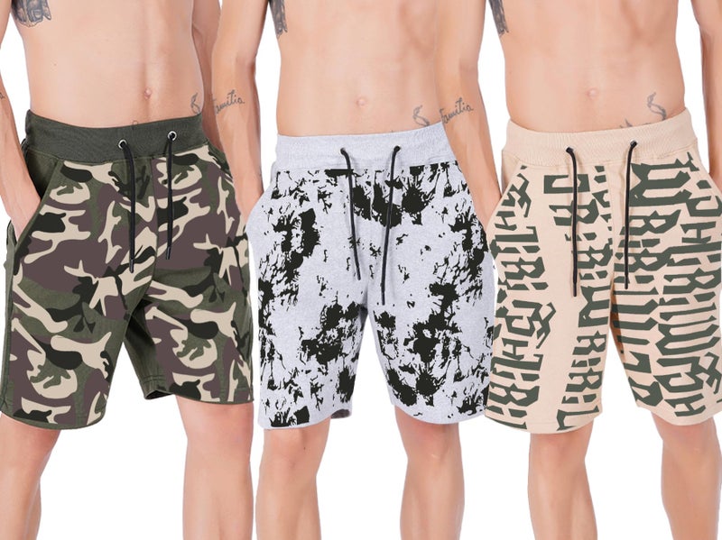 hotfits Men's Printed Casual Green, Grey & Beige Cotton Regular Shorts, Workout & Running Shorts with Pockets Pack of 3 - S - Image 1