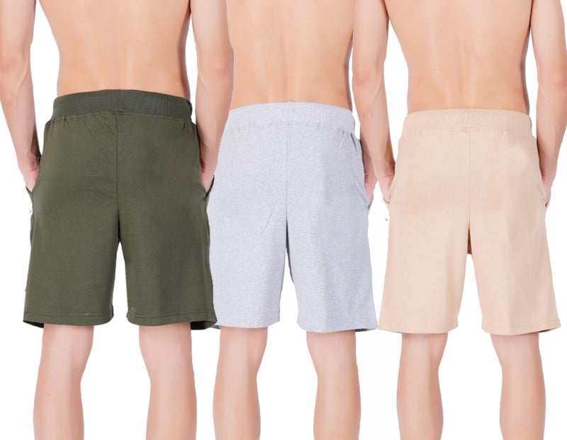 hotfits Men's Printed Casual Green, Grey & Beige Cotton Regular Shorts, Workout & Running Shorts with Pockets Pack of 3 - S - Image 4
