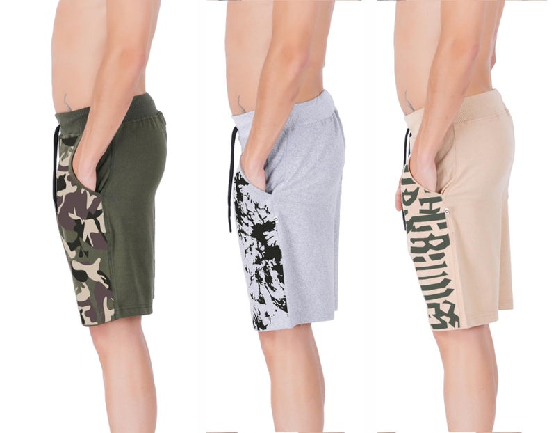 hotfits Men's Printed Casual Green, Grey & Beige Cotton Regular Shorts, Workout & Running Shorts with Pockets Pack of 3 - S - Image 3
