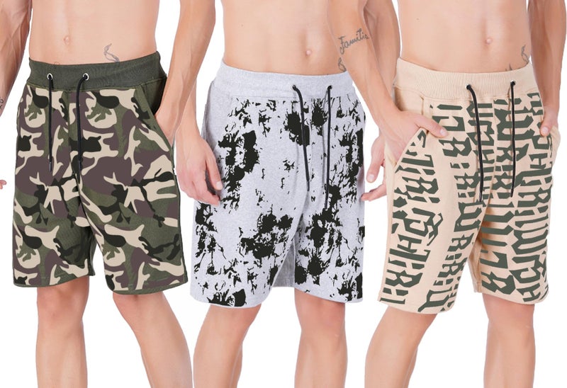 hotfits Men's Printed Casual Green, Grey & Beige Cotton Regular Shorts, Workout & Running Shorts with Pockets Pack of 3 - S - Image 2