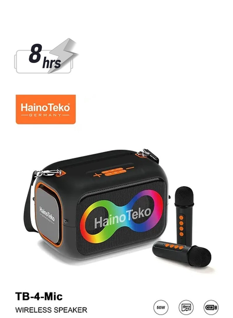 HainoTeko TB-4 Portable Wireless Bluetooth Speaker with 2 Wireless Mic RGB Lighting 50W Output Power Multi Functional Button Control Black - Image 1
