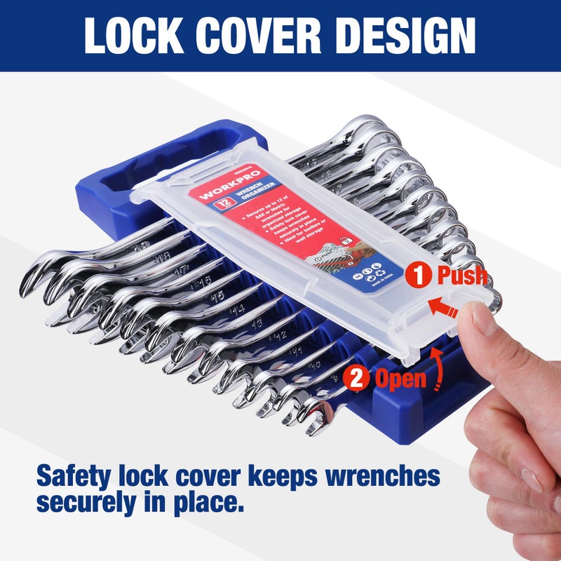 WORKPRO 2-Piece Wrench Organizer, 24-Slot Plastic Wrenches Holder Set with Lock Cover, Metric & SAE Compatibility (Up to 19mm or 7/8), Premium Quality Wrench Rack Tool Trays with Carrying Handle - Image 4
