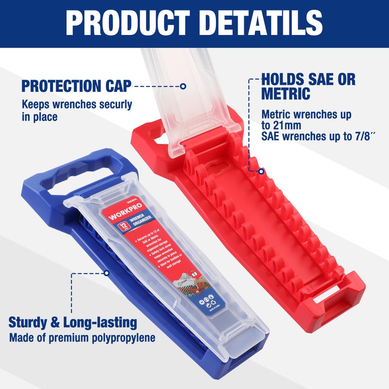 WORKPRO 2-Piece Wrench Organizer, 24-Slot Plastic Wrenches Holder Set with Lock Cover, Metric & SAE Compatibility (Up to 19mm or 7/8), Premium Quality Wrench Rack Tool Trays with Carrying Handle - Image 3