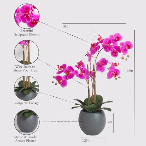 CG Hunter Faux Pink Orchid Plant Premium Artificial Indoor Flower Display Stands 25Inches with Beautiful Sculptural Blooms and Foliage that Lasts Forever Grey Planter Pot Included - Image 3