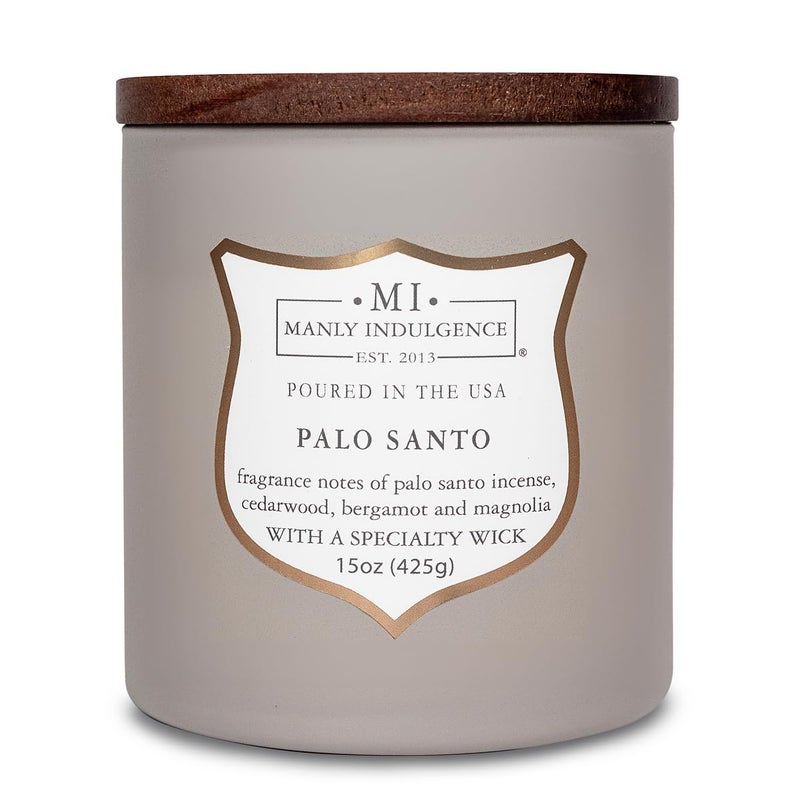 Manly Indulgence Palo Santo Scented Candles for Men 15 oz Wooden Wick Premium Soy Blend Wax 60H Burn Candles for Home Scented Made in The USA