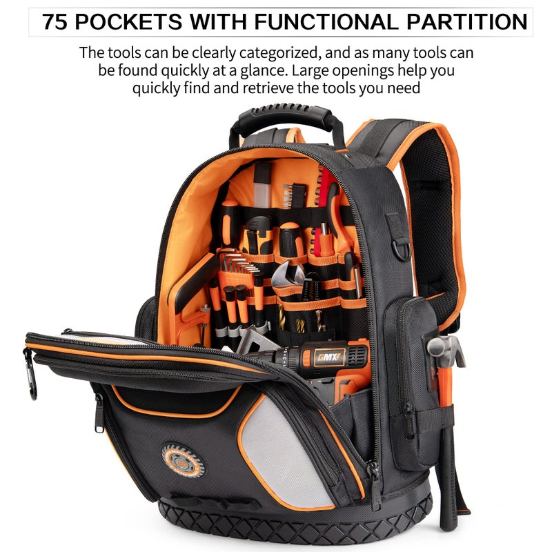 LOKASS Tool Bag Backpack, 75 Pockets & Loops Heavy Duty Tools Organizer Bags/HVAC Tool Carrier for Eelectrician/Construction Work with Molded Base and Combination Lock, Large, Black and Orange - Image 4