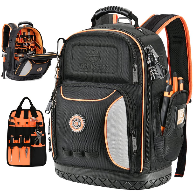 LOKASS Tool Bag Backpack, 75 Pockets & Loops Heavy Duty Tools Organizer Bags/HVAC Tool Carrier for Eelectrician/Construction Work with Molded Base and Combination Lock, Large, Black and Orange - Image 1