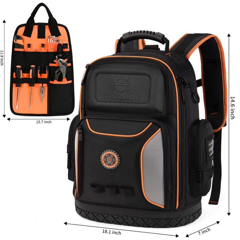 LOKASS Tool Bag Backpack, 75 Pockets & Loops Heavy Duty Tools Organizer Bags/HVAC Tool Carrier for Eelectrician/Construction Work with Molded Base and Combination Lock, Large, Black and Orange - Image 5