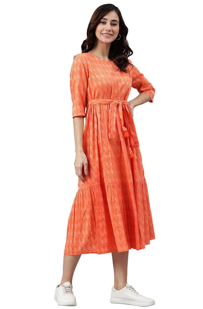 Janasya Women's Orange Pure Cotton Woven Design Tiered Western Dress(JNE3870-DR-S) - Image 2