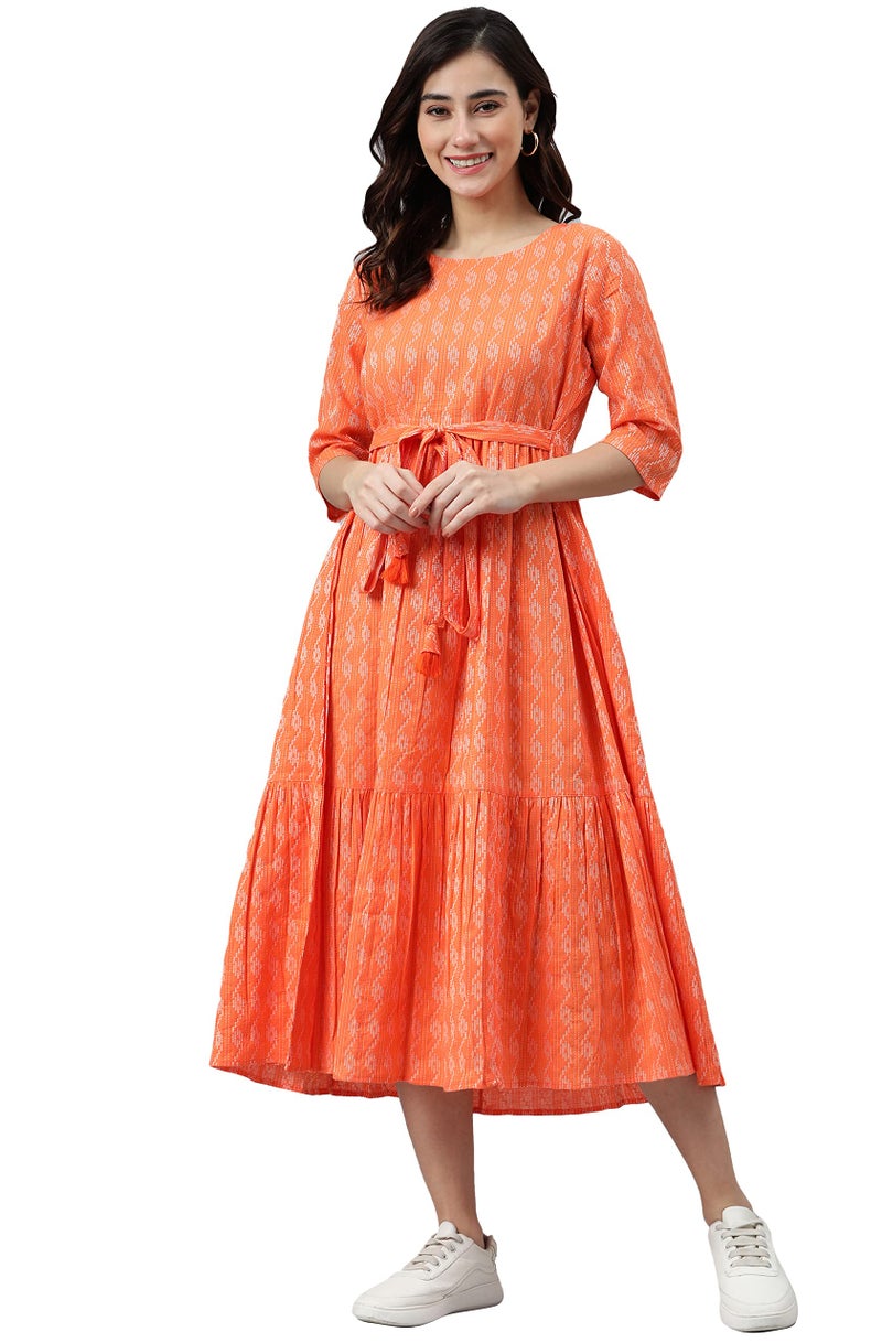 Janasya Women's Orange Pure Cotton Woven Design Tiered Western Dress(JNE3870-DR-S) - Image 1