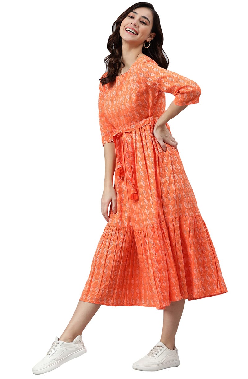 Janasya Women's Orange Pure Cotton Woven Design Tiered Western Dress(JNE3870-DR-S) - Image 3