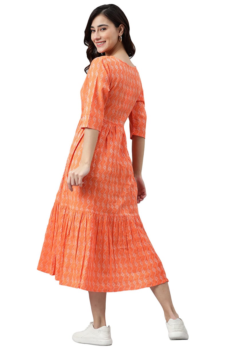 Janasya Women's Orange Pure Cotton Woven Design Tiered Western Dress(JNE3870-DR-S) - Image 4