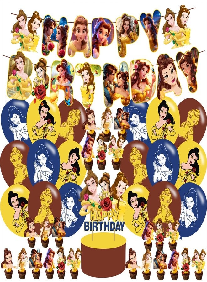 PINUO Princess Belle Birthday Party Decoration, Beauty and Beast Theme Banner, Cake Topper, Latex Balloons for Princess Birthday Party Supplies - Image 1