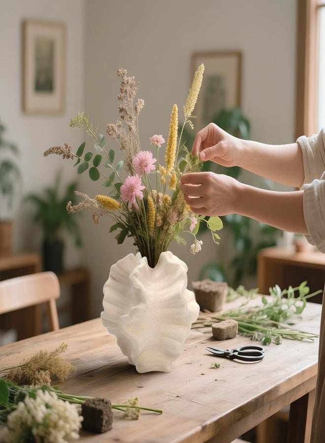 Cedilis Off White Ceramic Flower Vase, 6 Inch Decorative Aesthetic Pampas Grass Textured Vase for Table, Shelf, Mantel, Entryway, Modern Home Decor, Coral-Like - Image 5