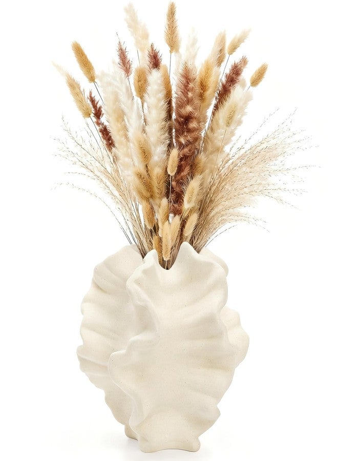 Cedilis Off White Ceramic Flower Vase, 6 Inch Decorative Aesthetic Pampas Grass Textured Vase for Table, Shelf, Mantel, Entryway, Modern Home Decor, Coral-Like - Image 1