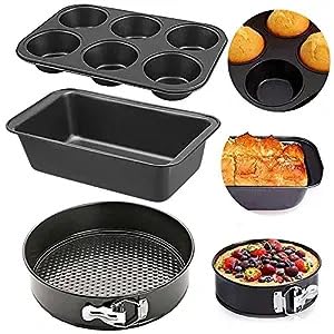 TrendyTrolley 3 Pc Cake Baking Combo 8 inch Round Cake Tin Muffin Cupcake Tray Bread Mould Carbon Steel Black - Image 2