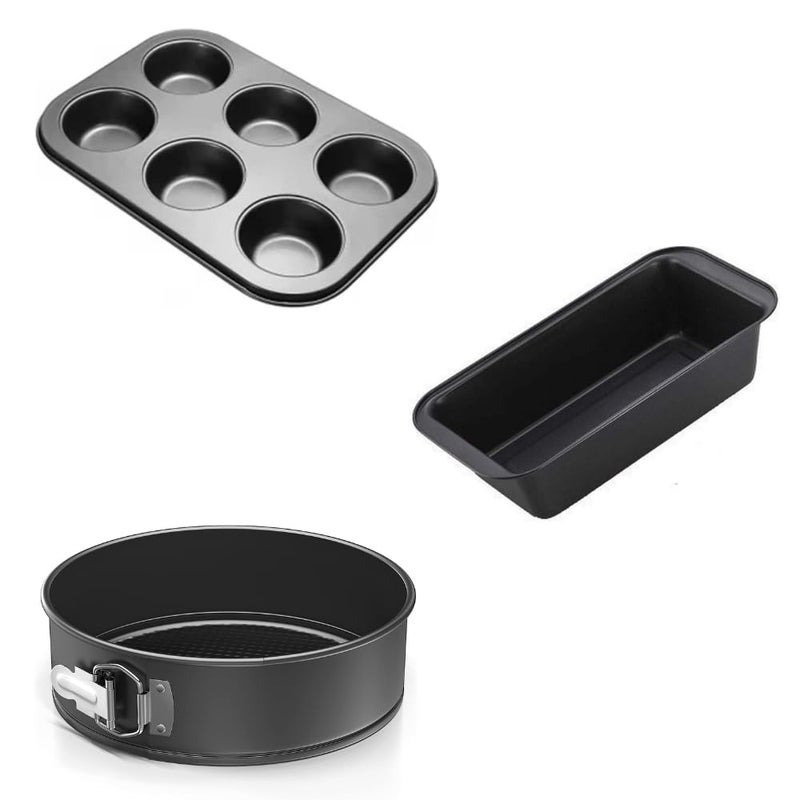 TrendyTrolley 3 Pc Cake Baking Combo 8 inch Round Cake Tin Muffin Cupcake Tray Bread Mould Carbon Steel Black - Image 1