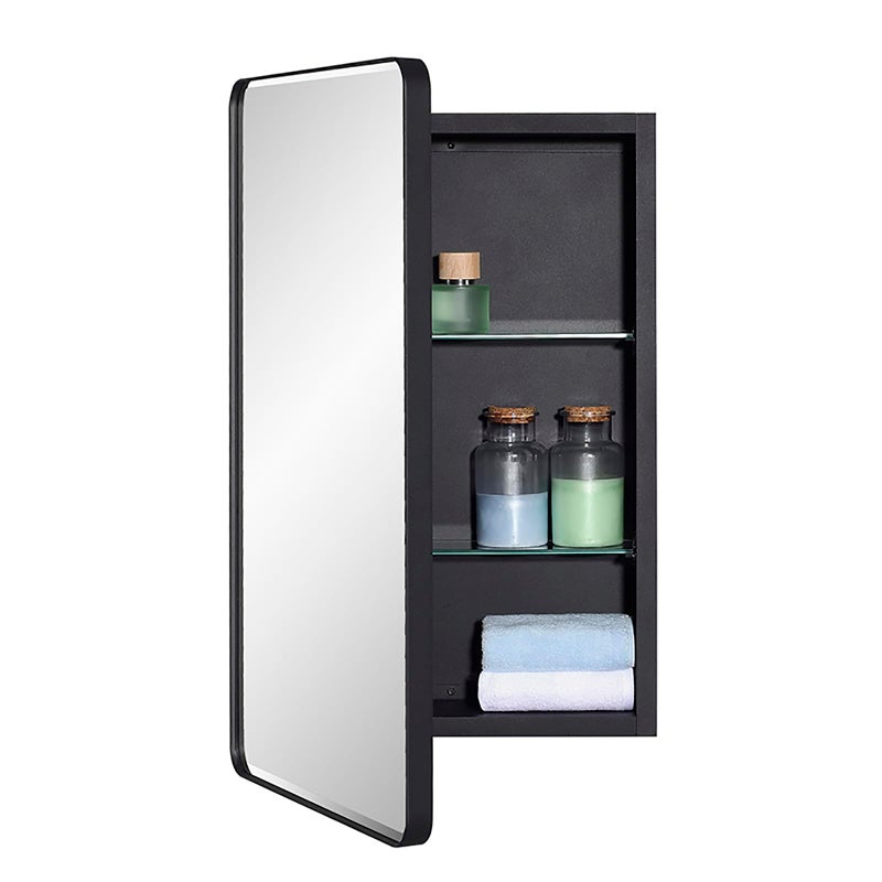 IDYLLOR Black Bathroom Mirror Medicine Cabinet with Round Corner Framed Door and Beveled Edge Mirror 15 x 25 inch, Recessed or Surface Mount, with Adjustable Glass Shelves - Image 1