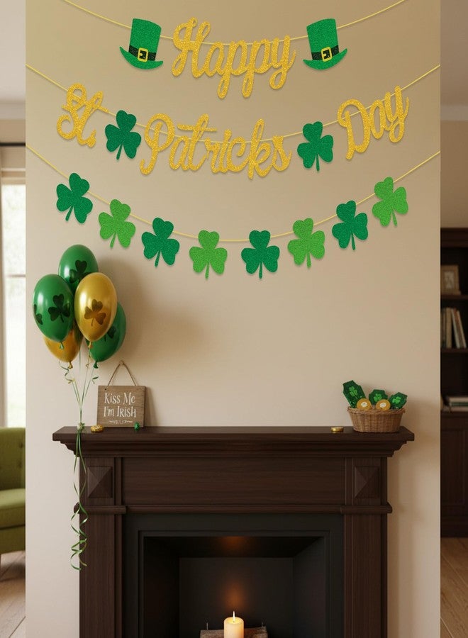 Zeptrix St Patricks Day Banner St Patricks Day Decorations Banners Gold Green Glitter Shamrock Garland Saint Patrick's Clover Hanging Party Banners for Home,Office,Outdoor Decor Irish Festival Party Supplie - Image 3