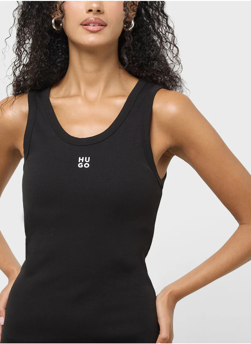 HUGO Logo Detail Crew Neck Side Slit Dress