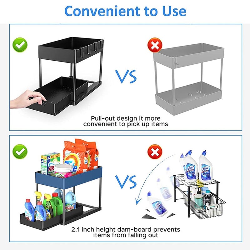 SNAPCOM 2 tier sliding rack kitchen storage use for home kitchen 2 Tier Under Sliding Cabinet Basket Organizer Drawer with 4 Hooks MultiPurpose Bath Collection Basket Shelf Storage Rack1 pcs - Image 3