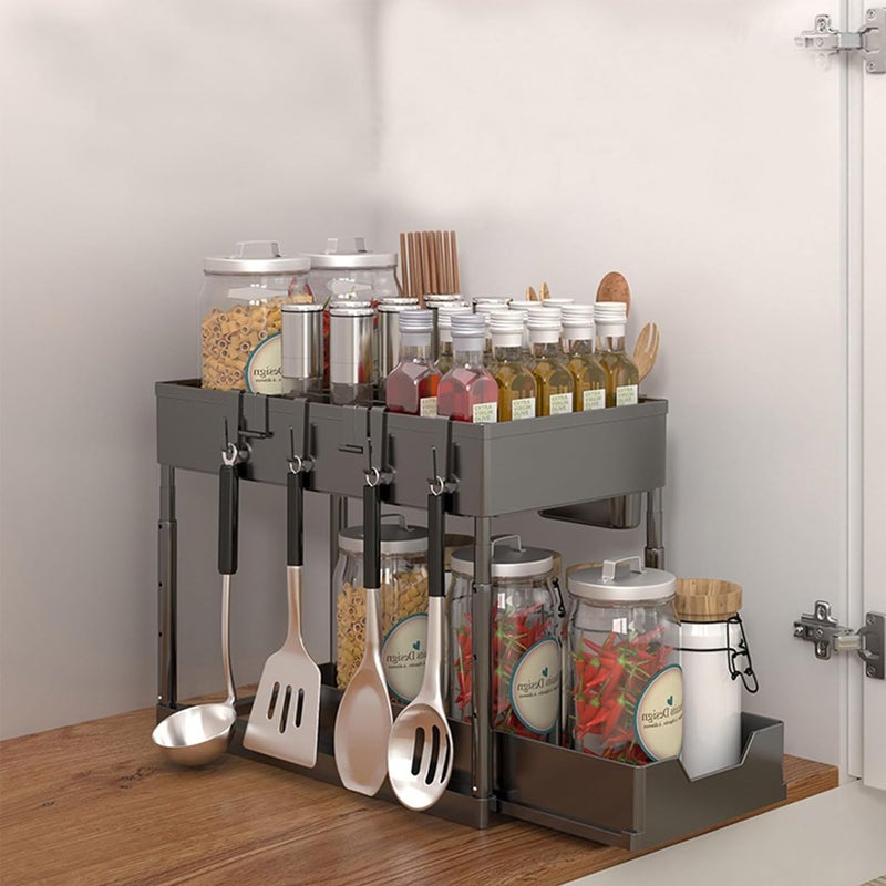 SNAPCOM 2 tier sliding rack kitchen storage use for home kitchen 2 Tier Under Sliding Cabinet Basket Organizer Drawer with 4 Hooks MultiPurpose Bath Collection Basket Shelf Storage Rack1 pcs - Image 5