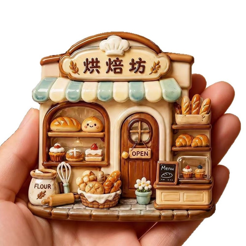 Resin Embossed Fridge Magnet - Miniature Bakery House Scene - Image 1