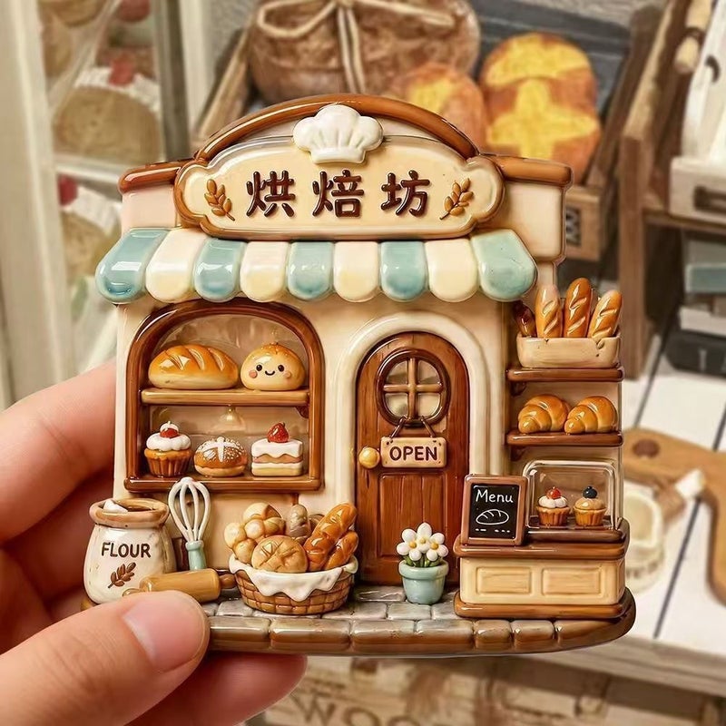Resin Embossed Fridge Magnet - Miniature Bakery House Scene - Image 5