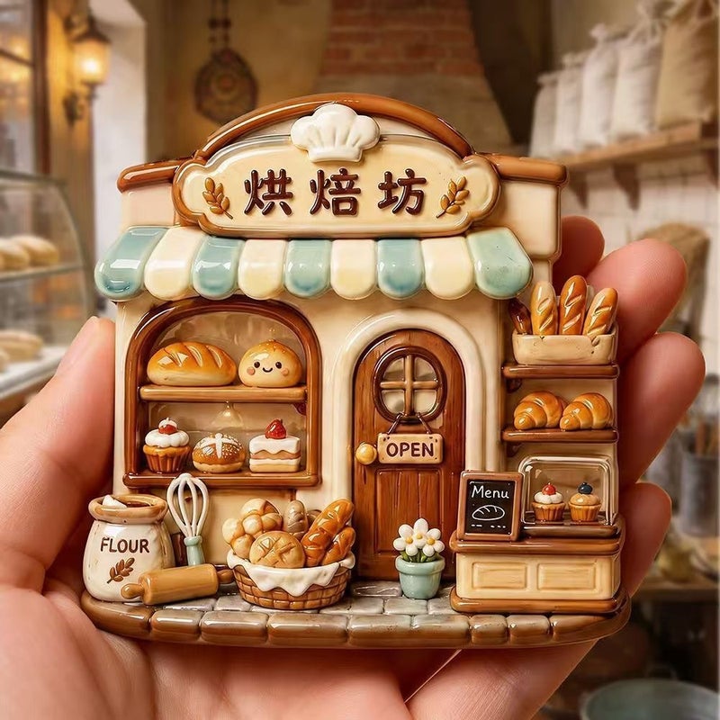 Resin Embossed Fridge Magnet - Miniature Bakery House Scene - Image 3