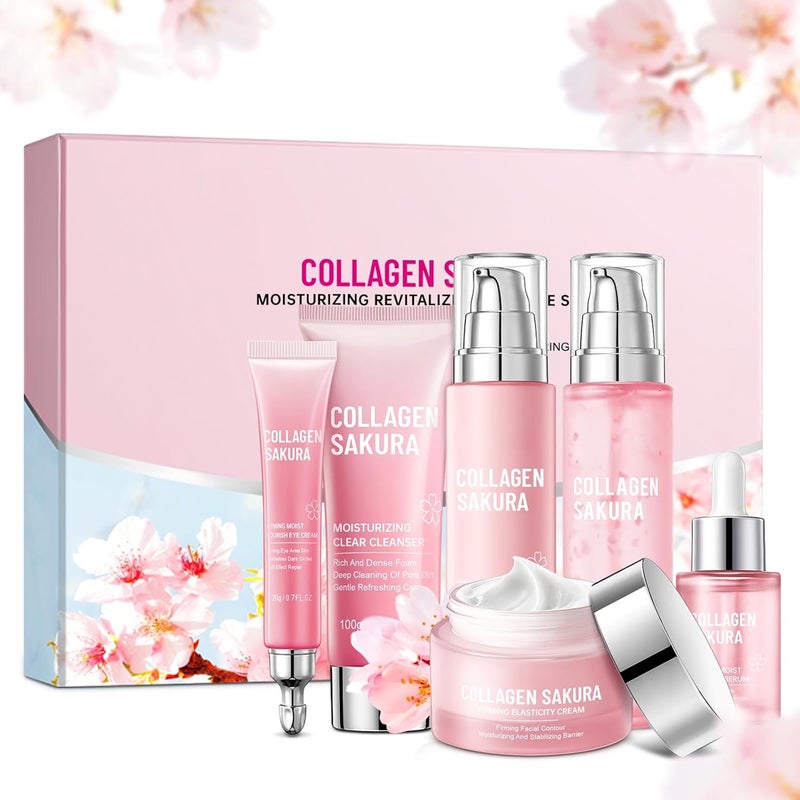 Sakura Skin Care Set for Teen Girls Cherry Blossom Skincare Gift Set for Teens Women Moisturize Repair Skin 6 Pcs Collagen Skin Care Kits with Cleanser Toner Lotion Serum Cream Eye Cream