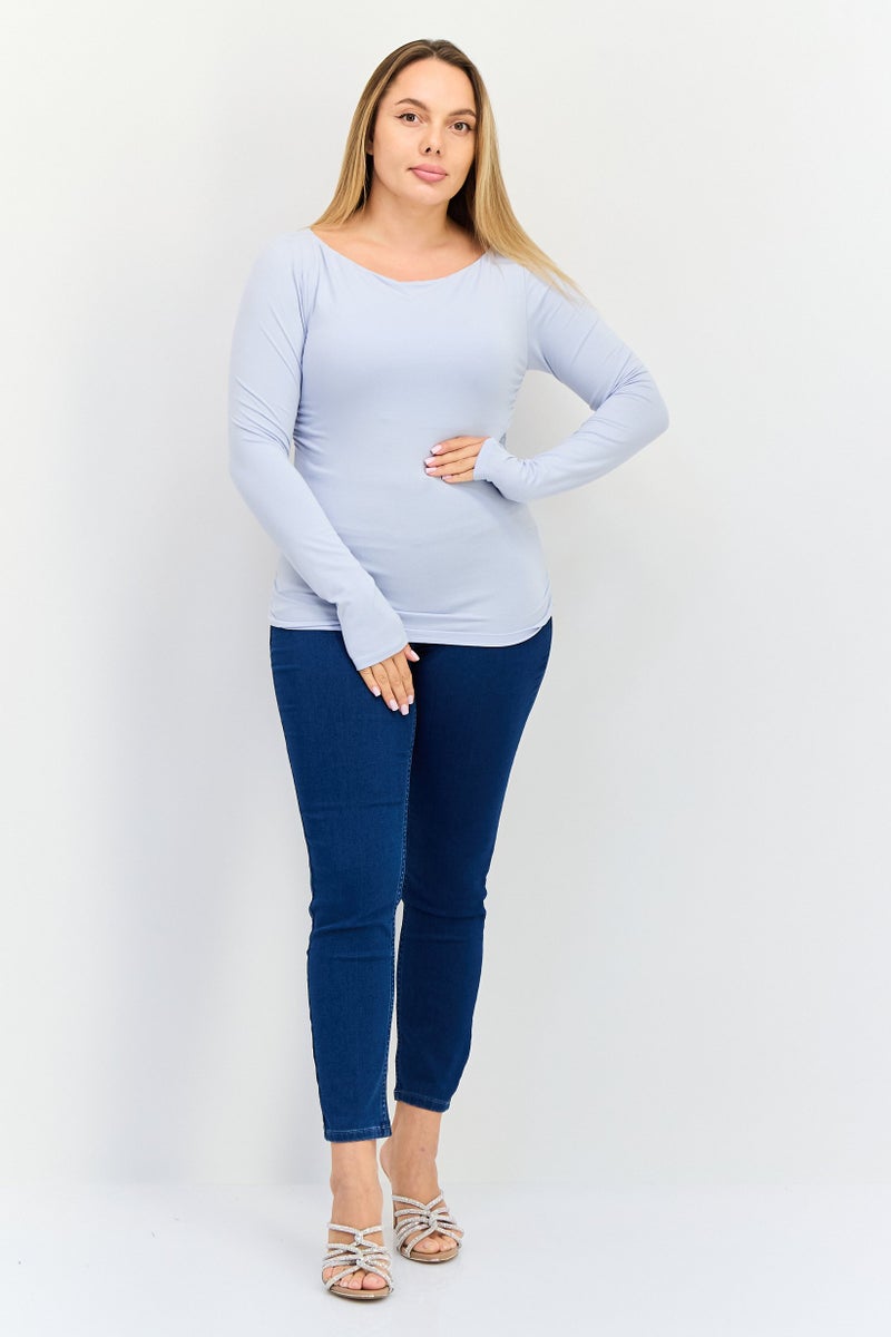 bebe Women Boat Neck Long Sleeve Solid T Shirt, Light Blue - Image 4