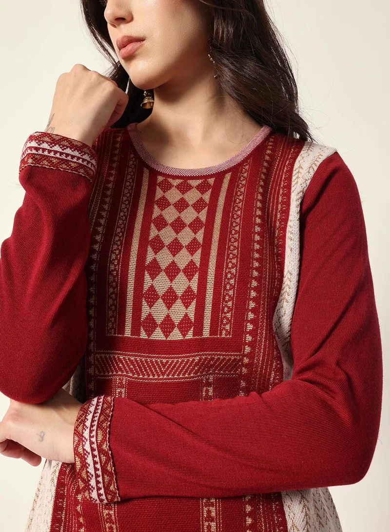 آي شين Maroon Woven Design Jacquard Kurta Straight Fit Kurta