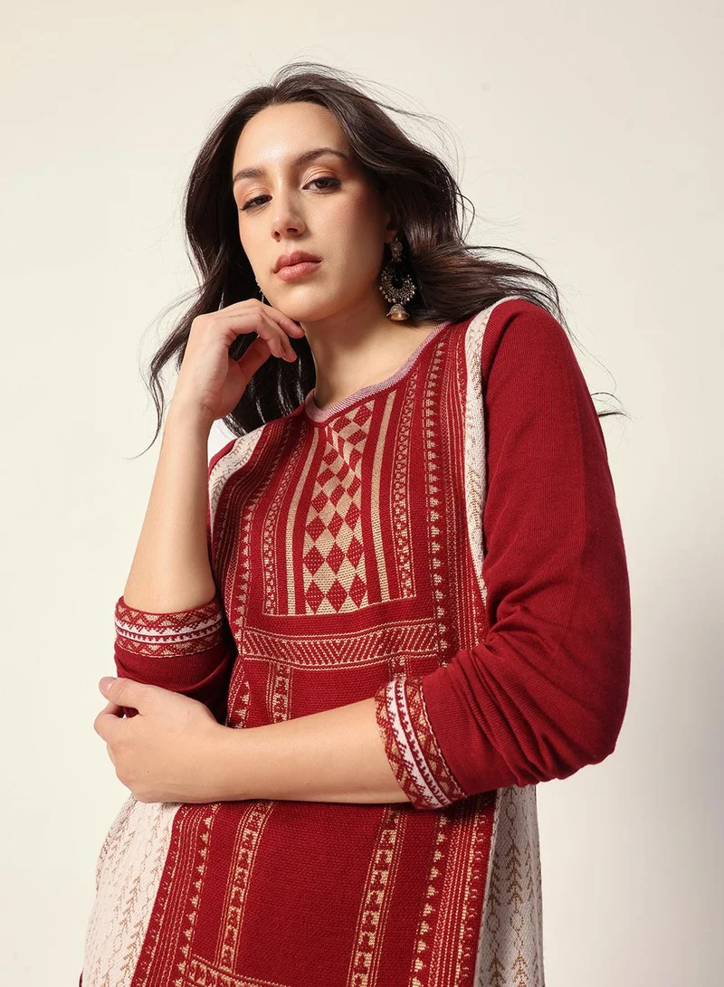 آي شين Maroon Woven Design Jacquard Kurta Straight Fit Kurta