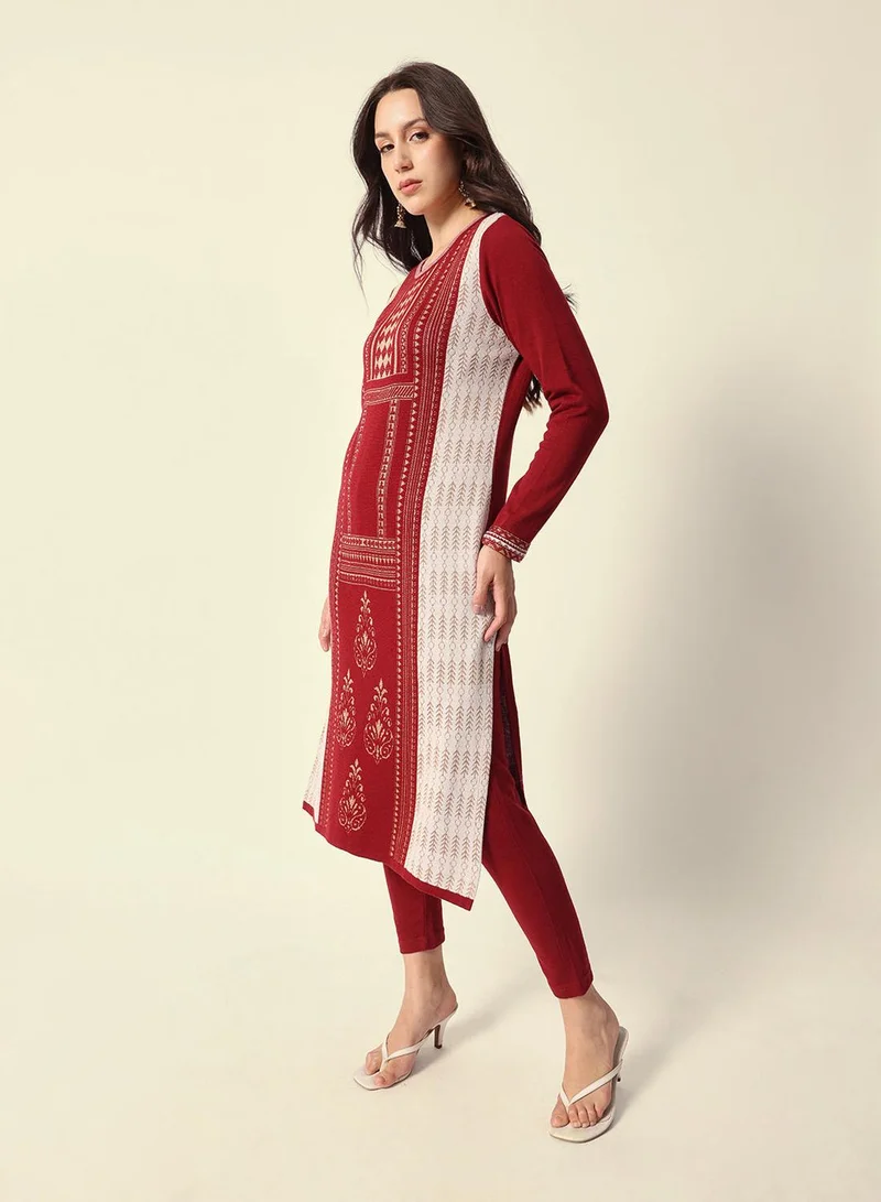 ISHIN Maroon Maroon Woven Design Jacquard Kurta Straight Fit Kurta for Women | Best Price UAE