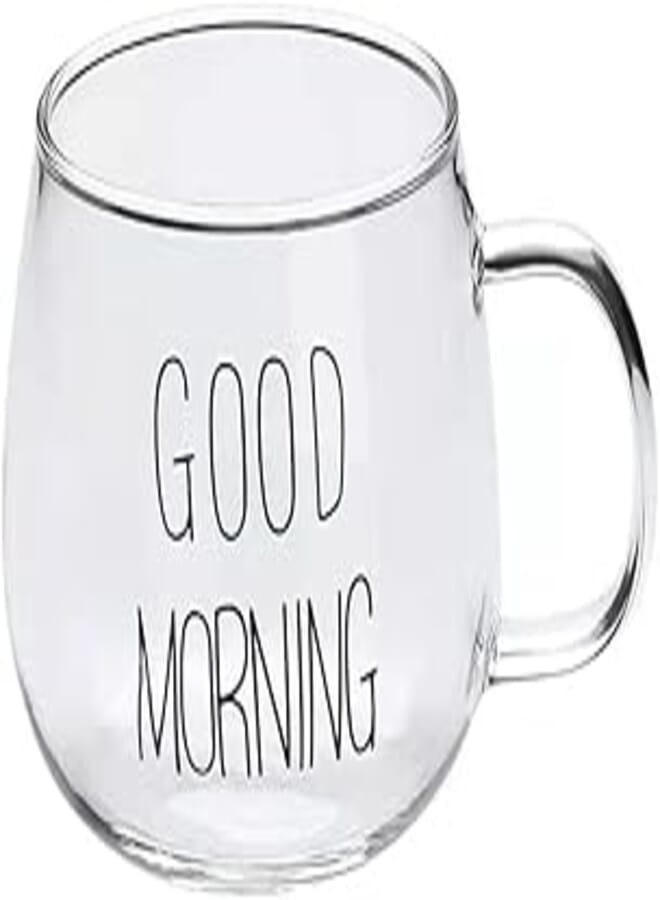 Good Morning Glass Coffee Cups, Clear Cute Glasses Mug Tumbler, for Tea, Coffee, Juice, Hot Drinks, Beverages, Water, Milk, Cappuccino, from Stellar Stores