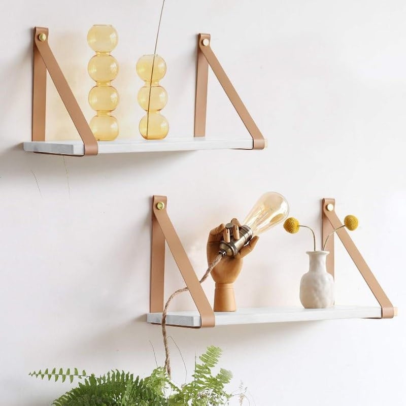 Home Gallery PU Biege Leather Strap Wall Floating Shelf 45X20 White