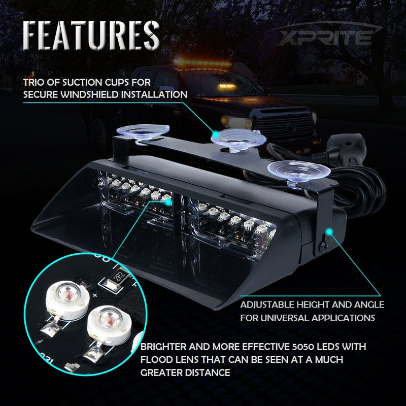 Xprite Red Blue LED Emergency Dash Strobe Light, Interior Windshield Safety Warning Police Lights w/Suction Cups, 12V Windshield Visor Light Bar for Police Law Enforcement Firefighter Vehicles Trucks - Image 5