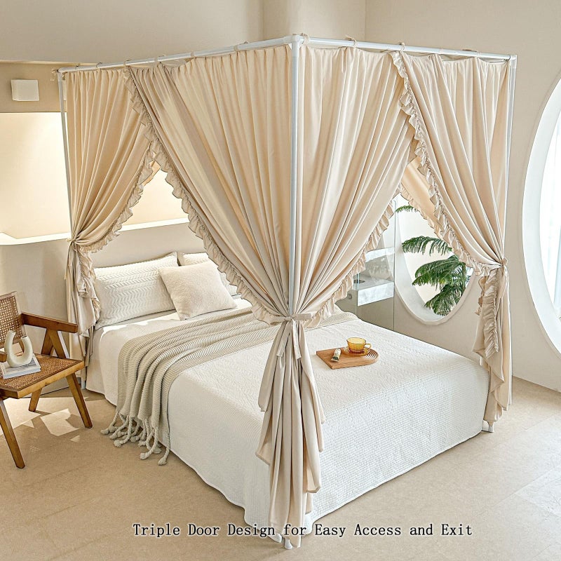 AIKASY Princess Canopy Bed Curtains with Top Ties - Windproof & Lightproof for Girls' Adult Bedroom Decor | Bed Canopy Drapes (Full,Khaki) - Image 3