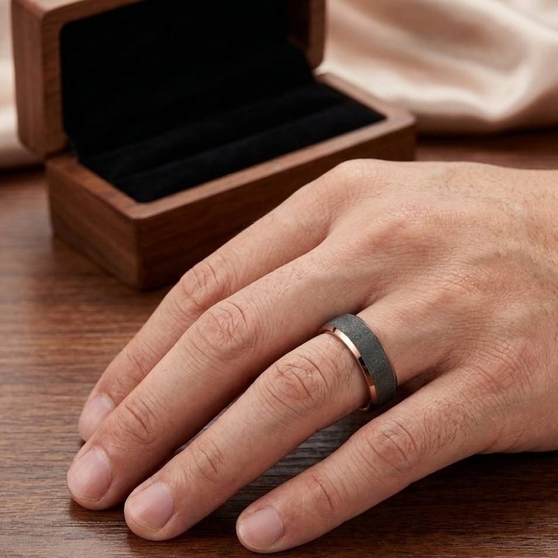 Men's tungsten carbide ring in luxurious gray with a shiny sand texture and rose gold glitter edges, suitable for engagements and happy occasions, for a modern and distinctive elegance! - Image 3