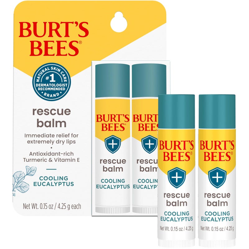 Burt's Bees 100% Natural Origin Rescue Lip Balm With Beeswax and Antioxidant-Rich Turmeric Promotes Healing Of Extremely Dry Lips, Cooling Eucalyptus, 2 Tubes in Blister Box(Pack May Vary) - Image 4
