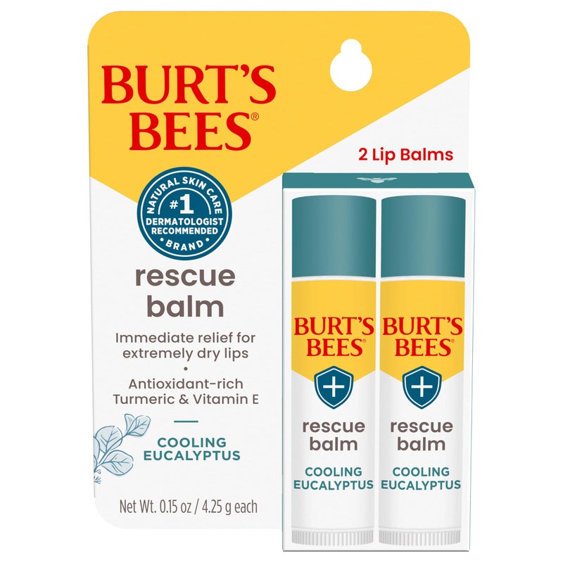 Burt's Bees 100% Natural Origin Rescue Lip Balm With Beeswax and Antioxidant-Rich Turmeric Promotes Healing Of Extremely Dry Lips, Cooling Eucalyptus, 2 Tubes in Blister Box(Pack May Vary) - Image 1