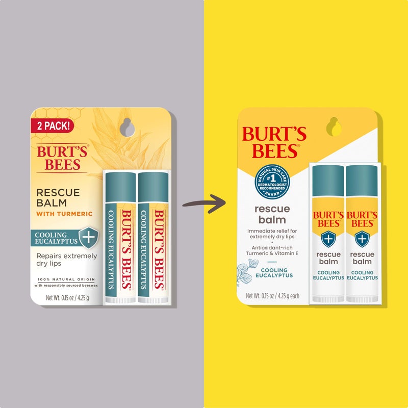Burt's Bees 100% Natural Origin Rescue Lip Balm With Beeswax and Antioxidant-Rich Turmeric Promotes Healing Of Extremely Dry Lips, Cooling Eucalyptus, 2 Tubes in Blister Box(Pack May Vary) - Image 2