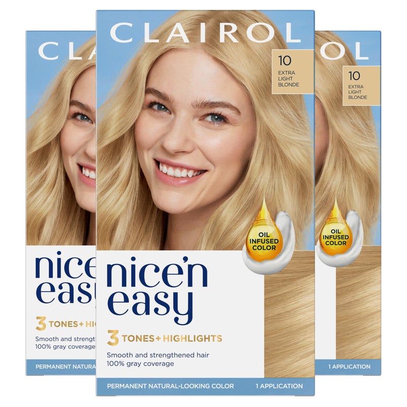 Clairol Nice'n Easy Permanent Hair Dye, 10 Extra Light Blonde Hair Color, Pack of 3 - Image 1