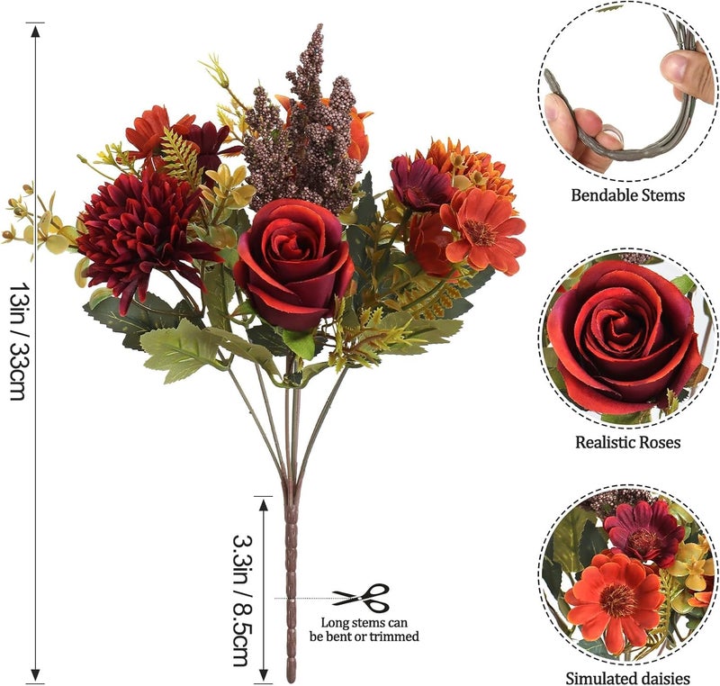 Prplet Artificial Flower Bouquet for Home Decoration – 2 Pcs Faux Rose & Daisy Bouquet (Without Pot) Artificial Flowers for Living Room, Bedroom, Office, Vase Decoration (Maroon/Orange) - Image 3