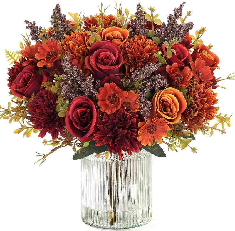 Prplet Artificial Flower Bouquet for Home Decoration – 2 Pcs Faux Rose & Daisy Bouquet (Without Pot) Artificial Flowers for Living Room, Bedroom, Office, Vase Decoration (Maroon/Orange) - Image 1