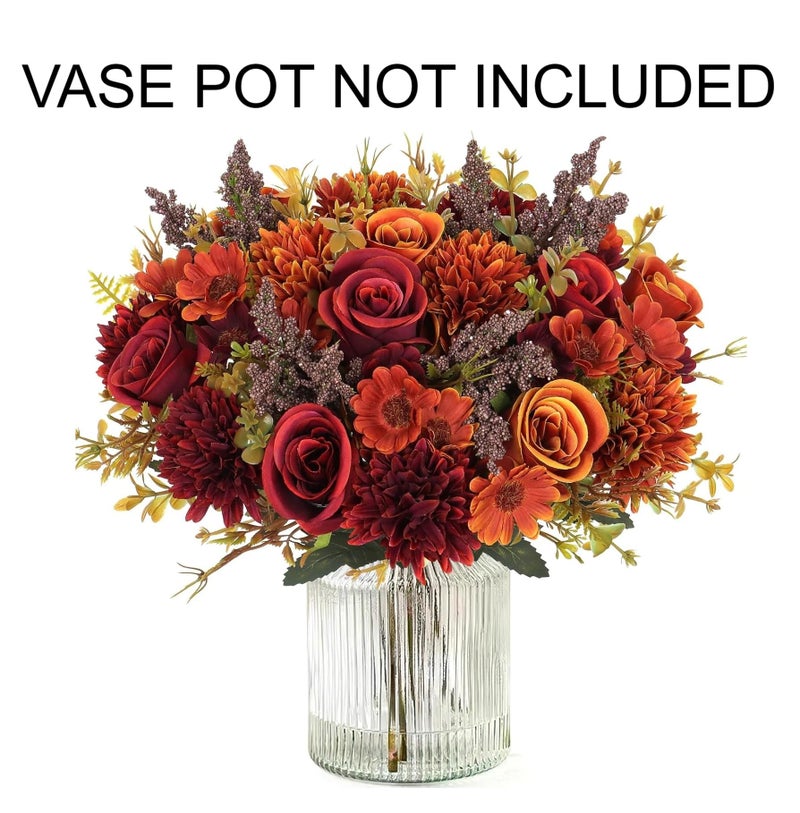 Prplet Artificial Flower Bouquet for Home Decoration – 2 Pcs Faux Rose & Daisy Bouquet (Without Pot) Artificial Flowers for Living Room, Bedroom, Office, Vase Decoration (Maroon/Orange) - Image 2